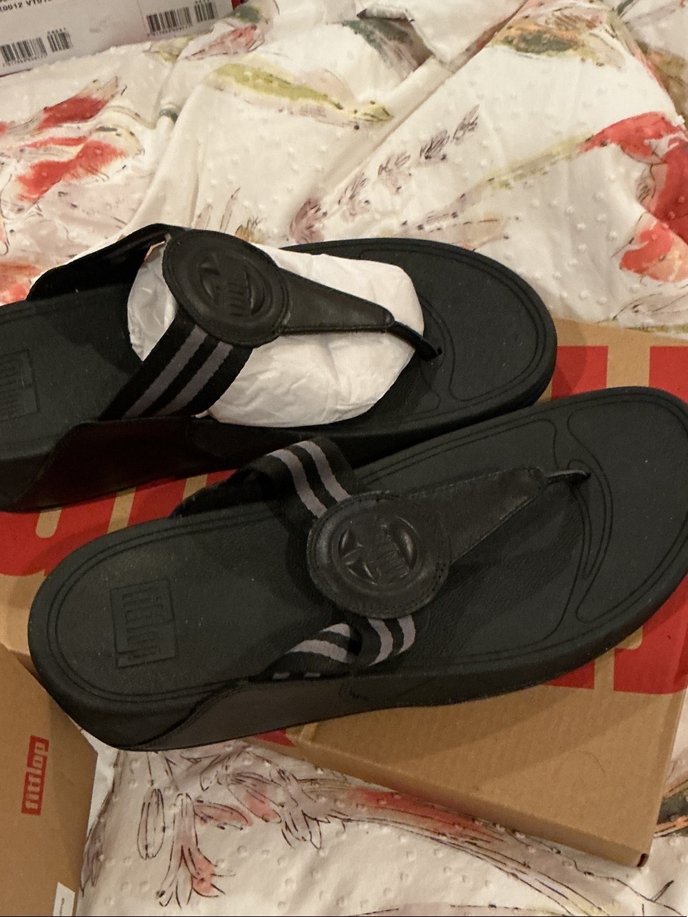 Black Flip-Flop Sandals with Striped Thong Strap Size 39 or USA 8